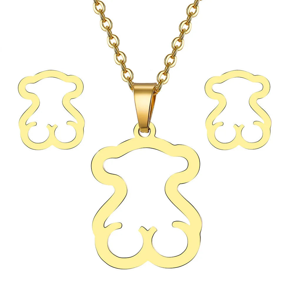 Stainless Steel Cartoon Bear Pendant with Unique Design Creative Hollow Craft Link Chain Necklace Trendy Charm Necklaces Gift