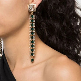 Daidan Luxury Women's Green Stone Tassel Statement Earrings Elegant Sterling Silver Drop Design Black Zirconia Stylish Fashion