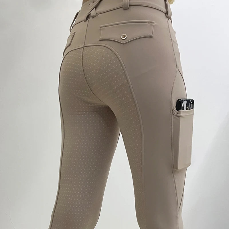 Hot Selling Button Riding Breeches Silicone Horse Leggings Equestrian Clothing Customized Logo Horse Riding Tights With Pocket