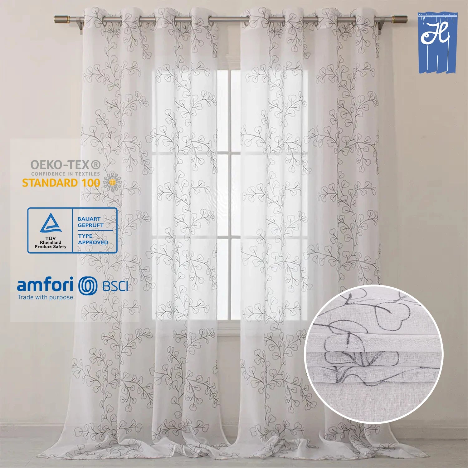 Modern Leaf Embroidered Organza Tulle Drapes Wholesale Sheer Window Curtains & Valances for Living Room for Home
