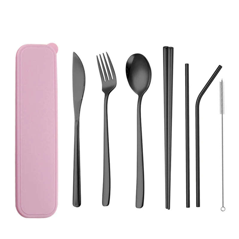 Custom Logo/Box Stainless Steel Knife Spoon Fork and Straw Travel Cutlery Set with Case for Camping & Party Use