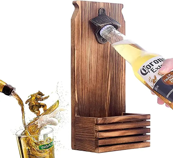 JUNJI Bottle Openers Wall Mounted Wooden Vintage Beer Bottle Opener with Iron Catcher Opener Tool Wooden Bottle Opener