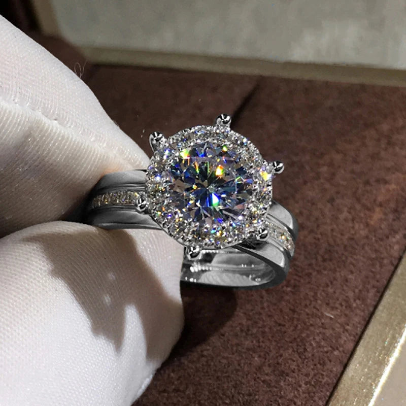 Huitan Engagement Cubic Shiny Large Round Anillos Woman Ring Six Claw Mosaic Silver Rose Gold Ring Wedding Diamond