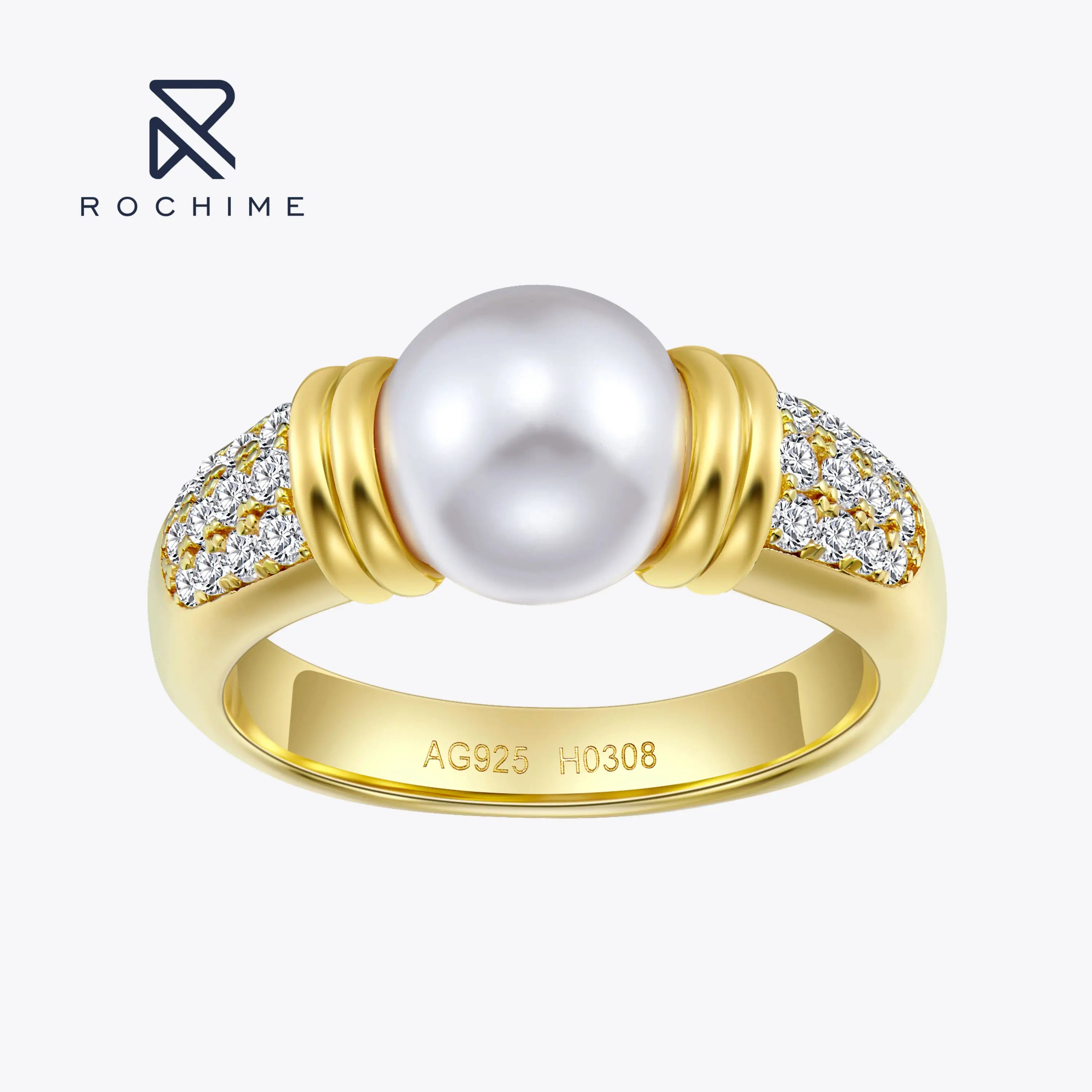 Rochime  New Trend Vintage Yellow Gold Plated Pearl Ring Luxury Jewelry for Women