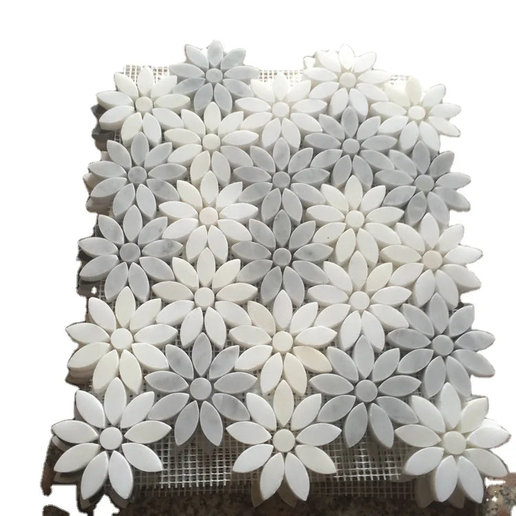 Carrara White Daisy Field Flower Waterjet Mosaic Tile Polished 10mm Marble Parquet for Modern Interior Walls Floors Backsplashes