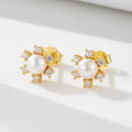 S925 Sterling Silver Pearl Stud Earrings for Women Gold Plated Snowflake Zircon Stud Trendy Ins Style Geometric Pearl Earrings