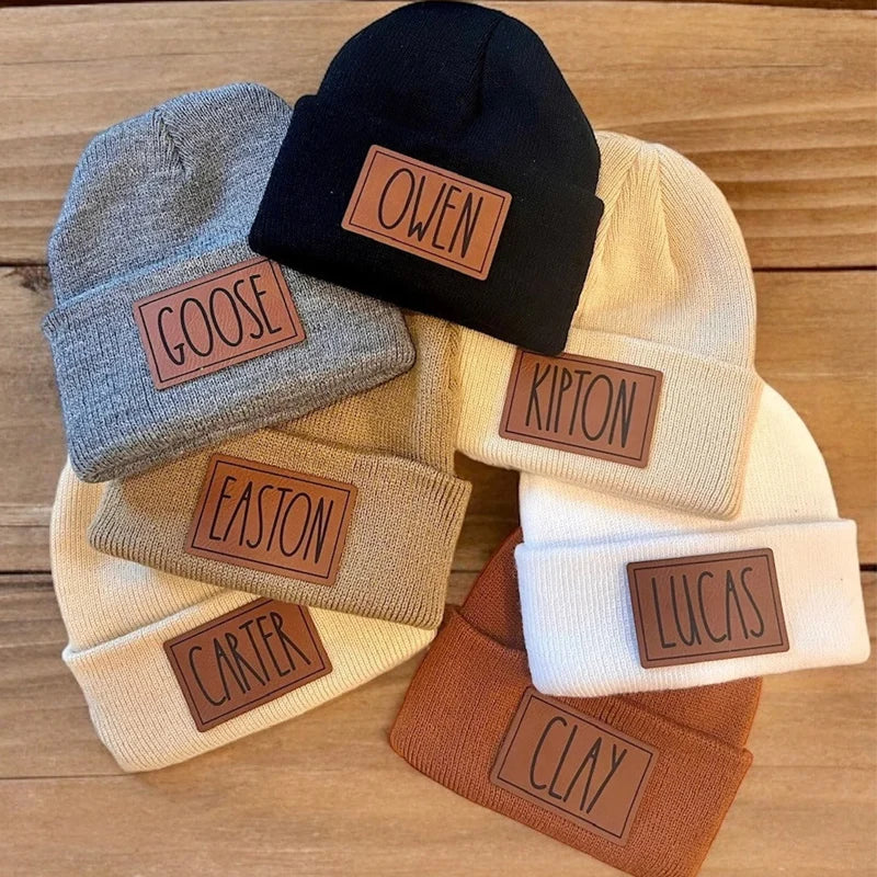 Infant Children Warm Winter Knitted Hats Personal Name Leather Patch Custom Beanie for Kids