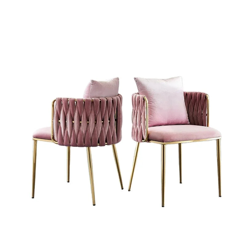 2023 Latest Luxury Golden Pink Velvet Woven Hotel Salon Makeup Dressing Dining Chair