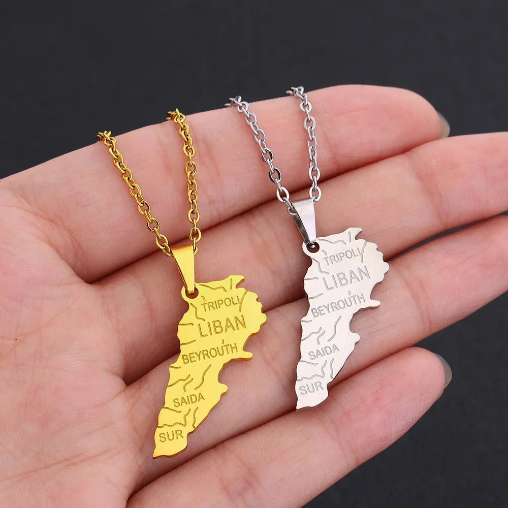 Customized Fashion Jewelry Pvd Gold Plated Stainless Steel Pendant Lebanon Country Map Necklace
