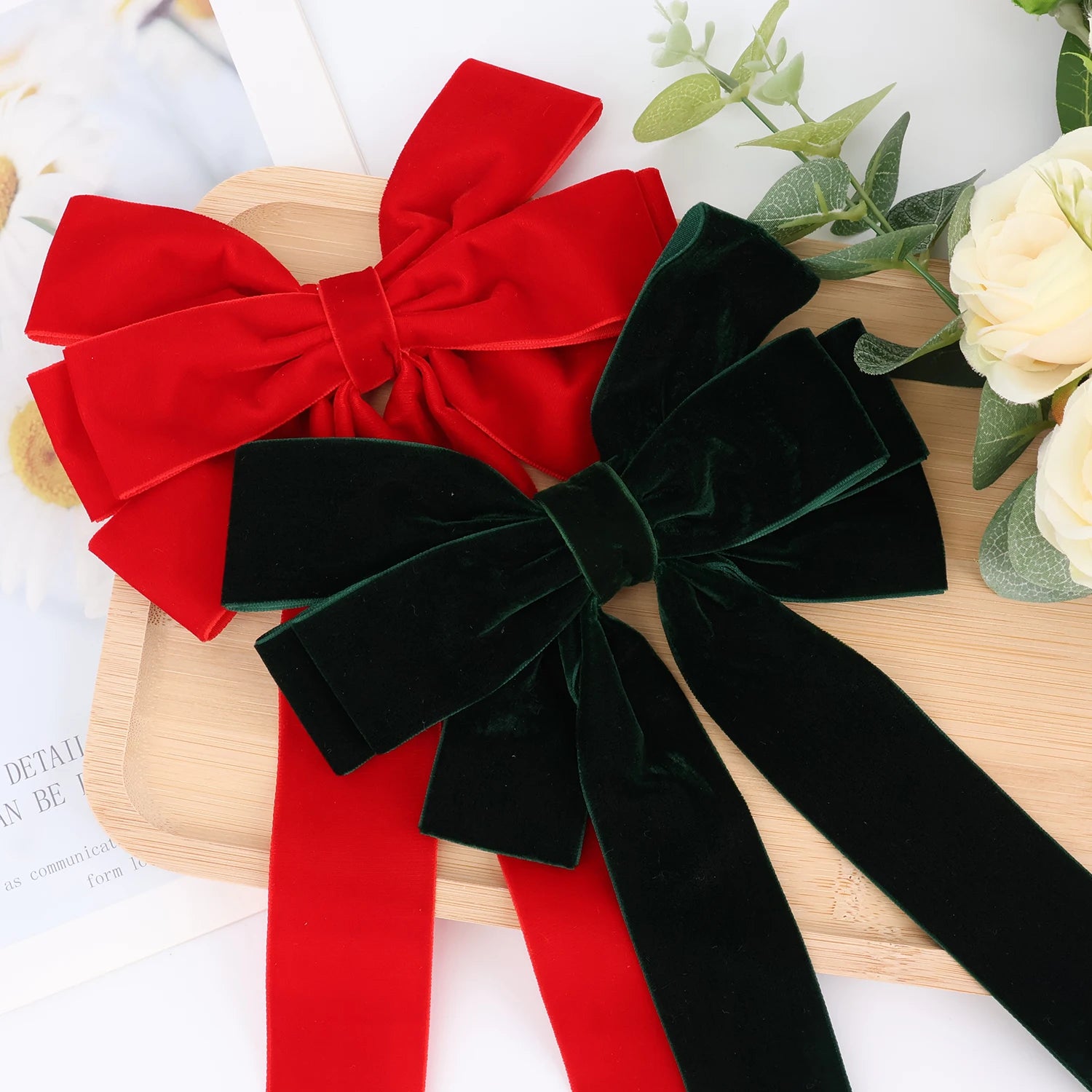 2025 Chinese Red Velvet Christmas Ribbon Bow Wired Ribbon Bow Large Velvet Bows for Christmas Holiday Wedding Decoration