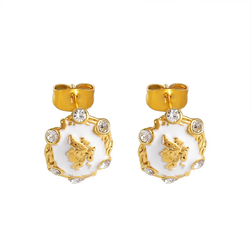 New Model 18K Gold Plated Stainless Steel Jewelry Black White Enamel Zircon Stud Earrings for Women