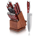 Full Tang Forged Stainless STEEL X50CR15MOV 15pcs Red Kichen Knife Sets With Rotating Acacia Wooden Block