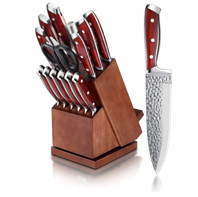 Full Tang Forged Stainless STEEL X50CR15MOV 15pcs Red Kichen Knife Sets With Rotating Acacia Wooden Block