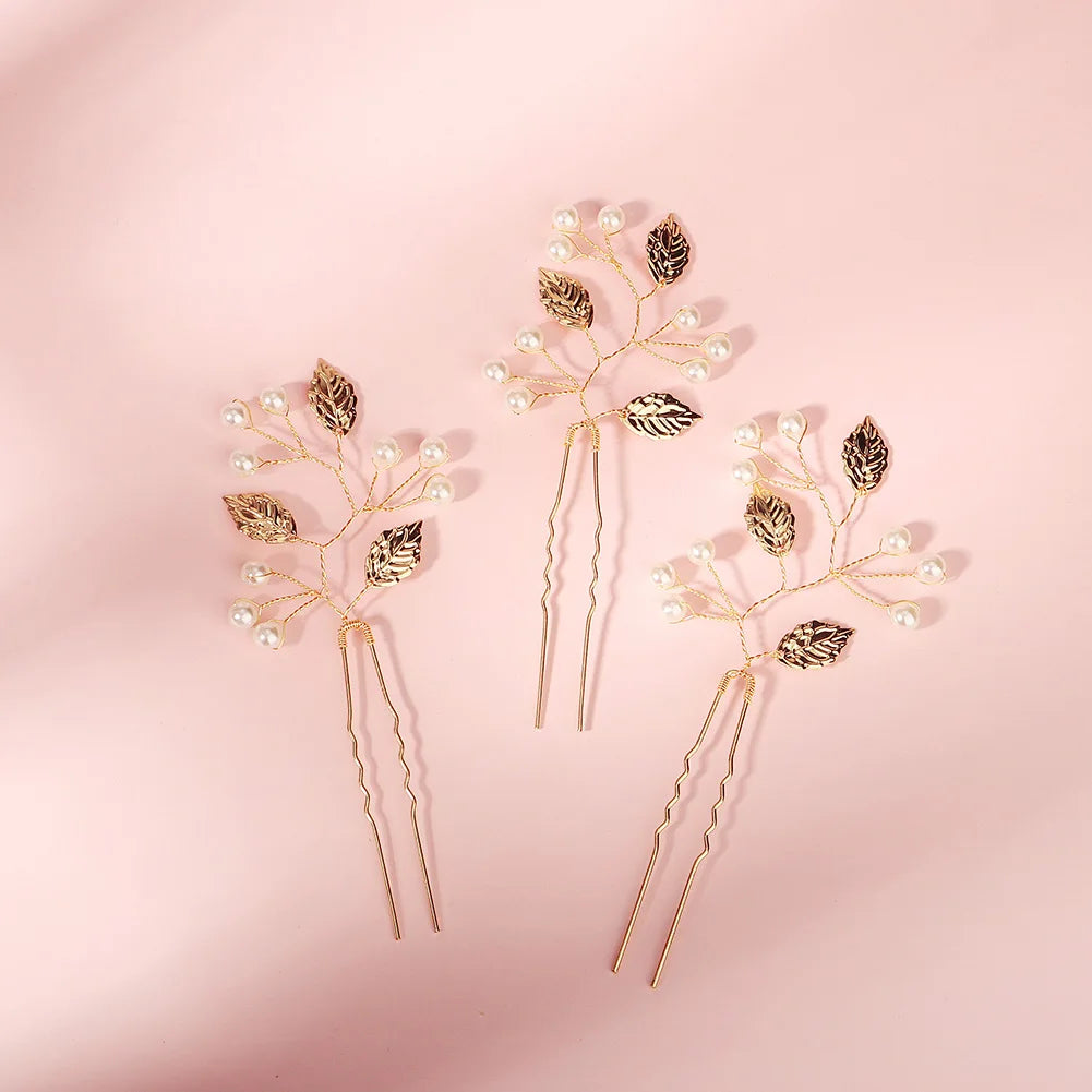 Metal Leaves Bridal Headpieces Pearl Bridesmaid Wedding Hair Clip Hair Pins Wedding(3 Pieces)