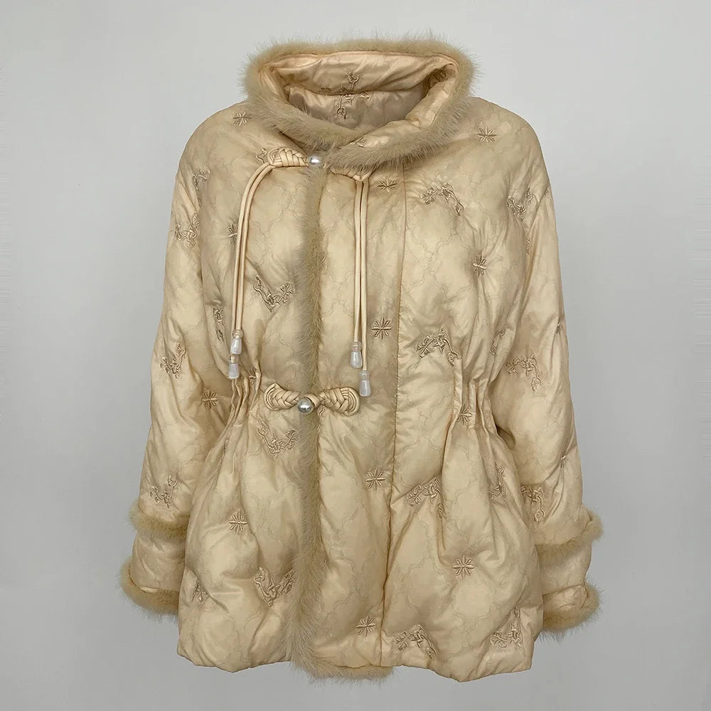OFTBUY 2025 Winter Jacket Women's Short Outerwear Natural Real Mink Fur Coat Embroidery White Duck Jacket Windproof Streetwear