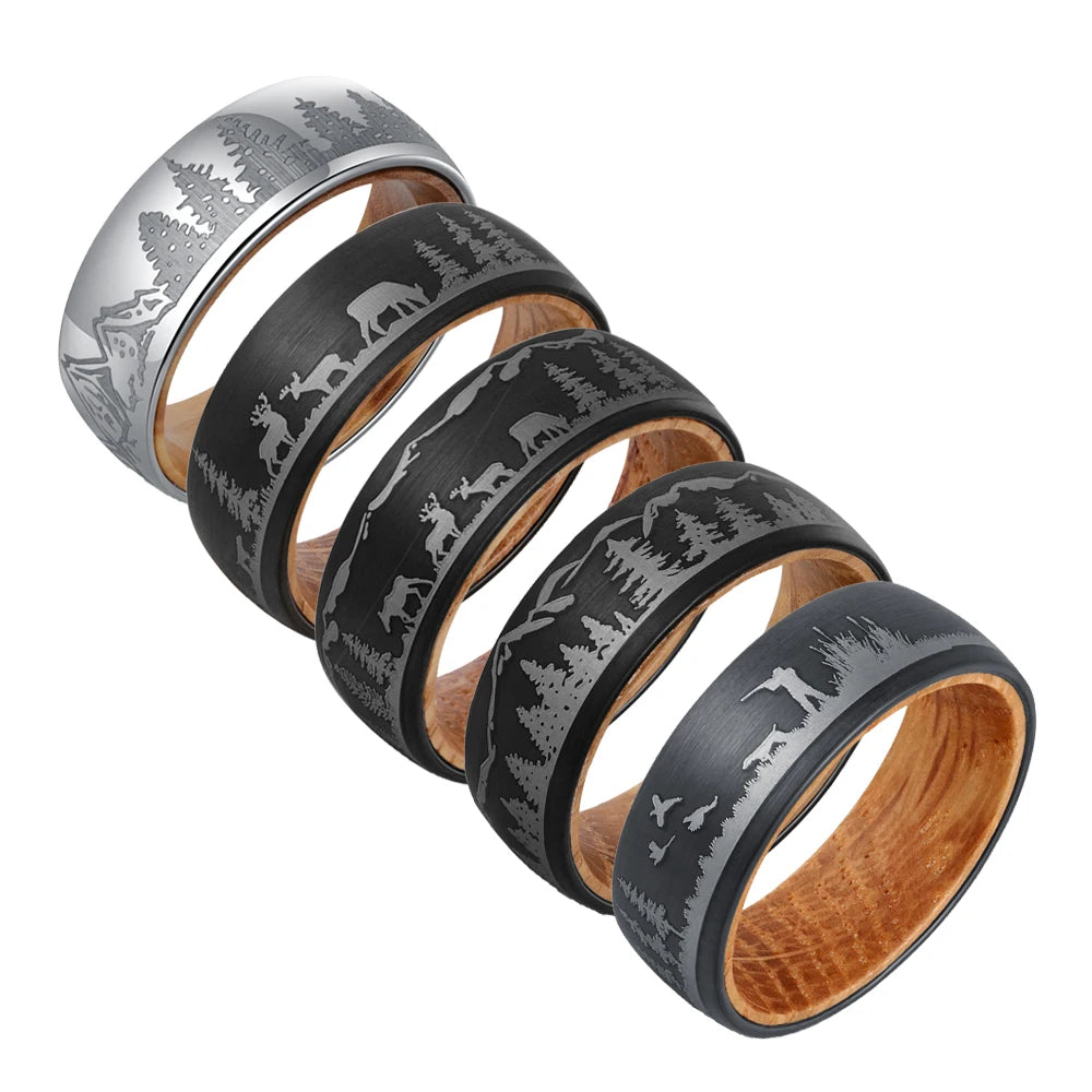 Poya Mens 8mm Tungsten Carbide Trees Forest Hunting Dear Lasered Silver Black Whiskey Barrel Wood Ring for Wedding