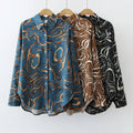 Autumn Korean Women Satin Printed Floral Shirt Loose Long-sleeved Shirt All-match Lapel Single Breasted Blouse Shirt T1862