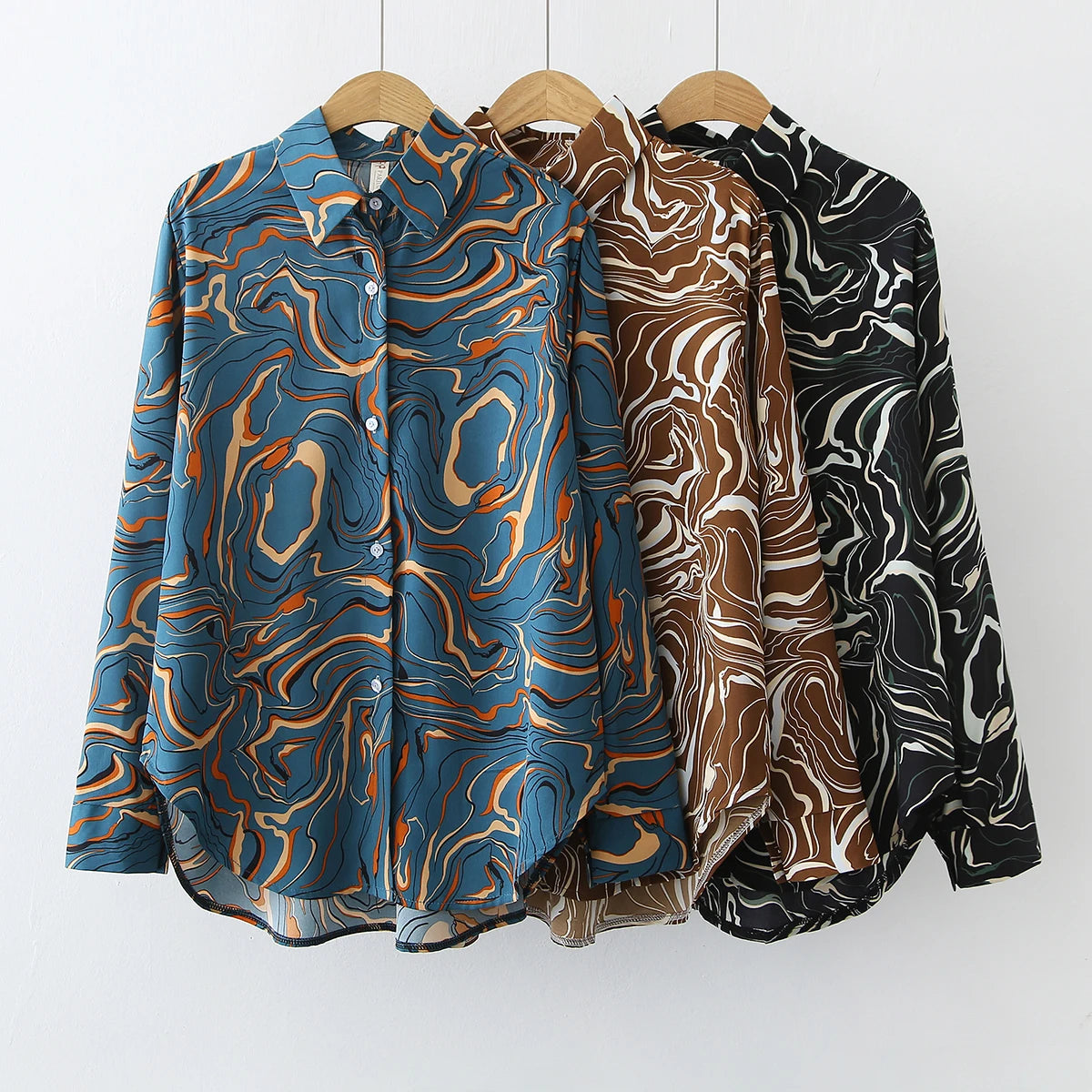 Autumn Korean Women Satin Printed Floral Shirt Loose Long-sleeved Shirt All-match Lapel Single Breasted Blouse Shirt T1862