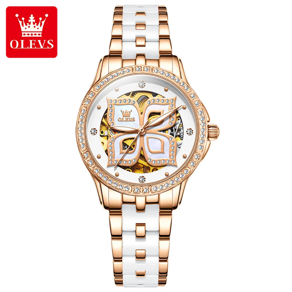 OLEVS 6612 Oem Custom Genuine Leather Skeleton Waterproof Luminous Automatic Mechanical Wristwatch Women Mechanical Watches