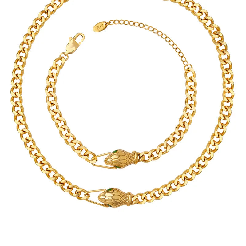 Fashion Ins Style Green Zircon Snake Head Necklace Bracelet Sets Women Choker Stainless Steel 18K Gold Plated Jewelry Set