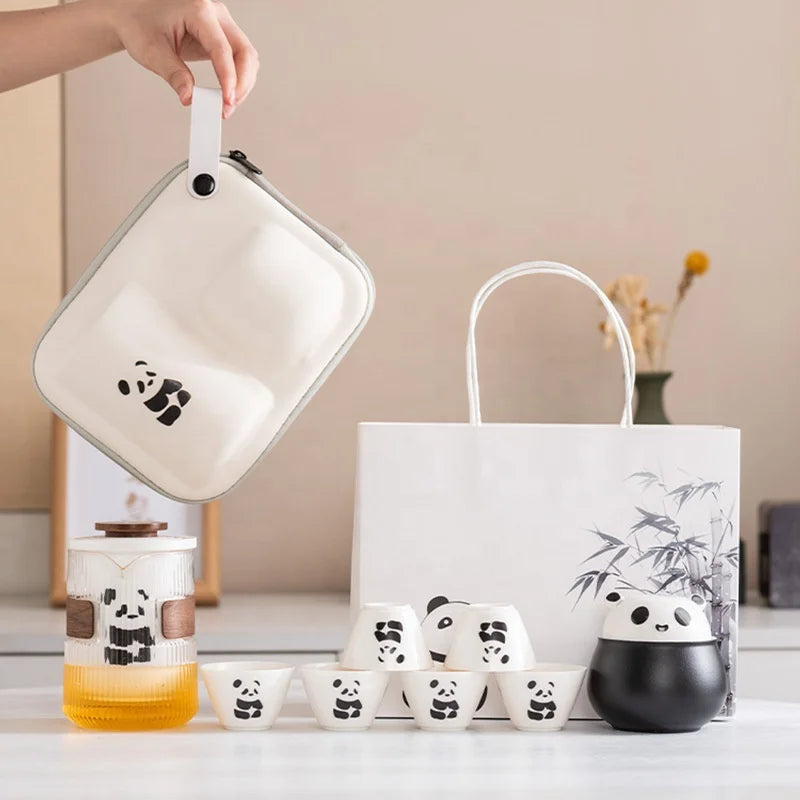 Customizable Ceramic Chinese Panda Kung Fu Tea Cup Set Logo Panda Design Travel Tea Gifts Sets