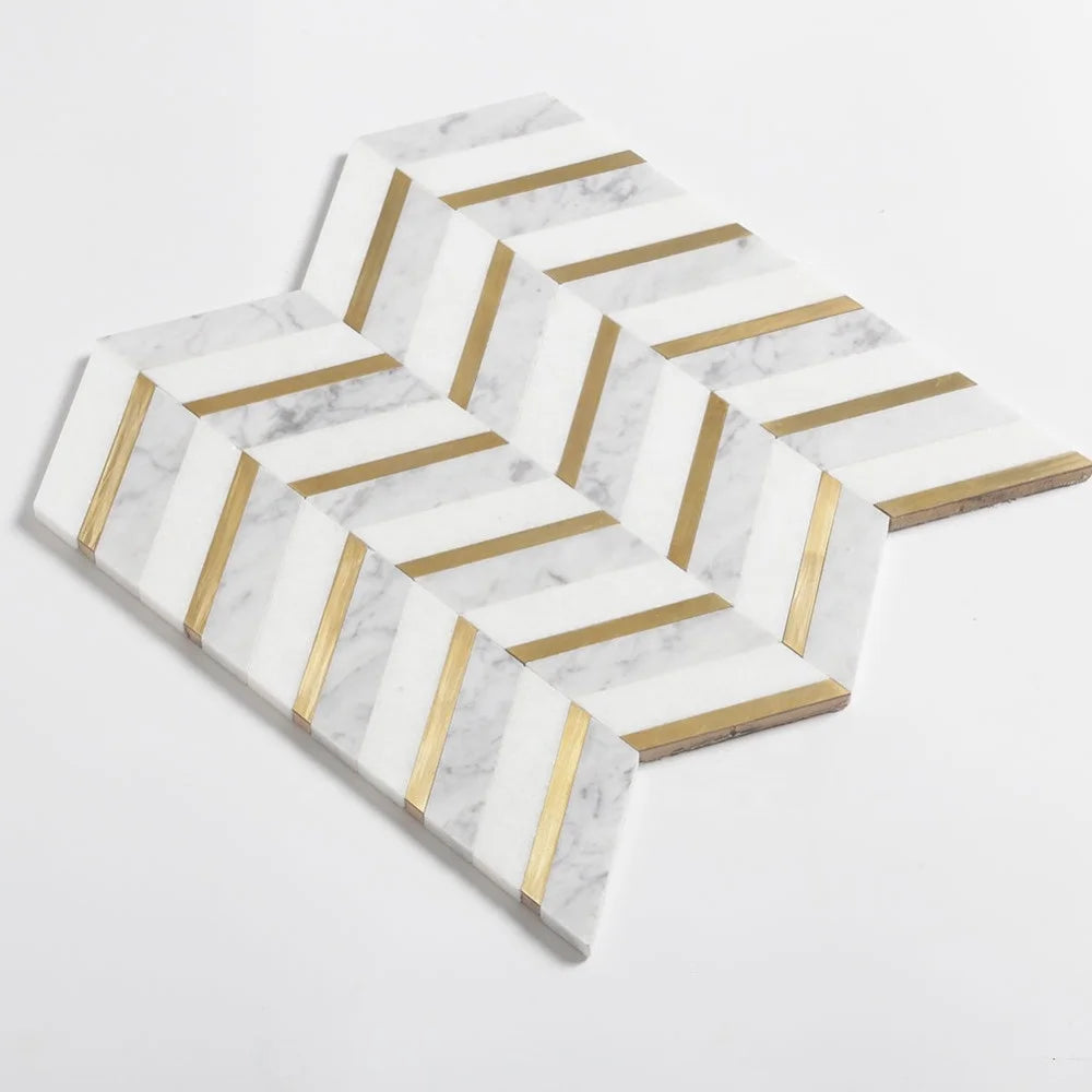 White Marble Mix Brass Mosaic Tile in Herringbone Pattern Bathroom Backsplash Tiles