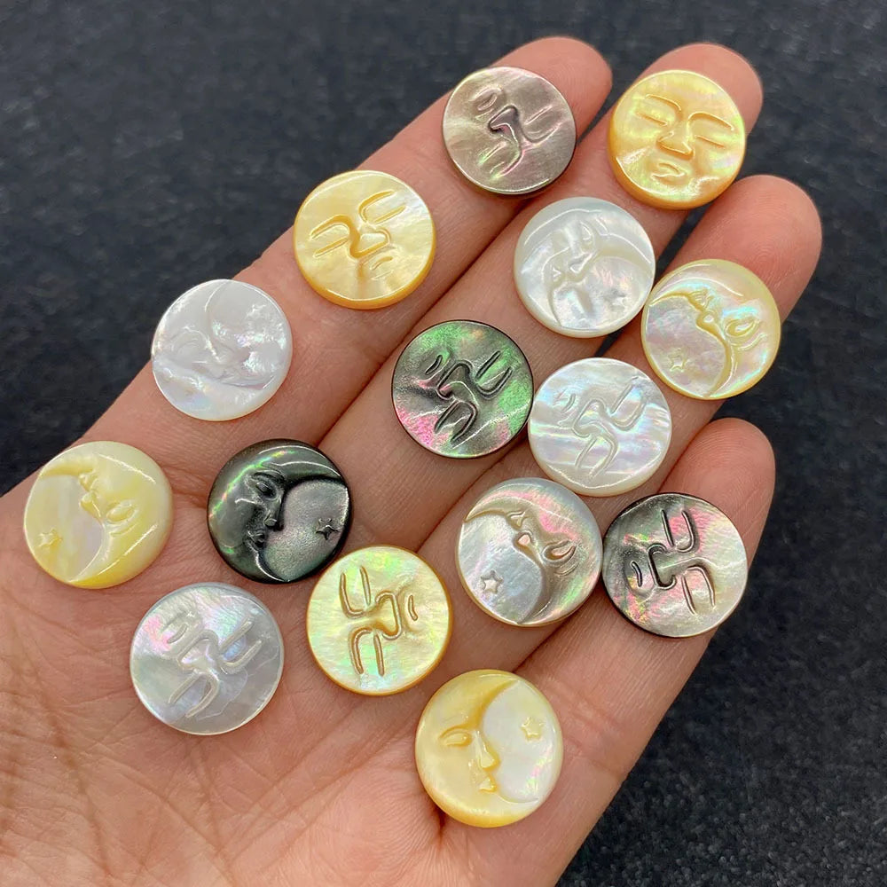 15mm Carved Moon Sun Black MOP Loose Beads Without Hole Natural Freshwater Shell Moon Face Cabochon for Jewelry Making