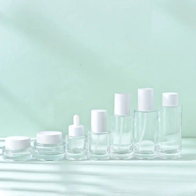 White Lid 30g 50g 30ml 100ml 120ml Cosmetic Cylinder Glass Bottle and Jar Set Empty Cream Jar and Face Cream Lotion Bottle