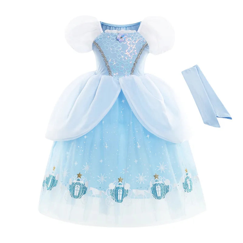 Princess Print Skirt Pompous Blue Gauze Girl Dress With Character Pattern for Birthday Celebrations or Costumes