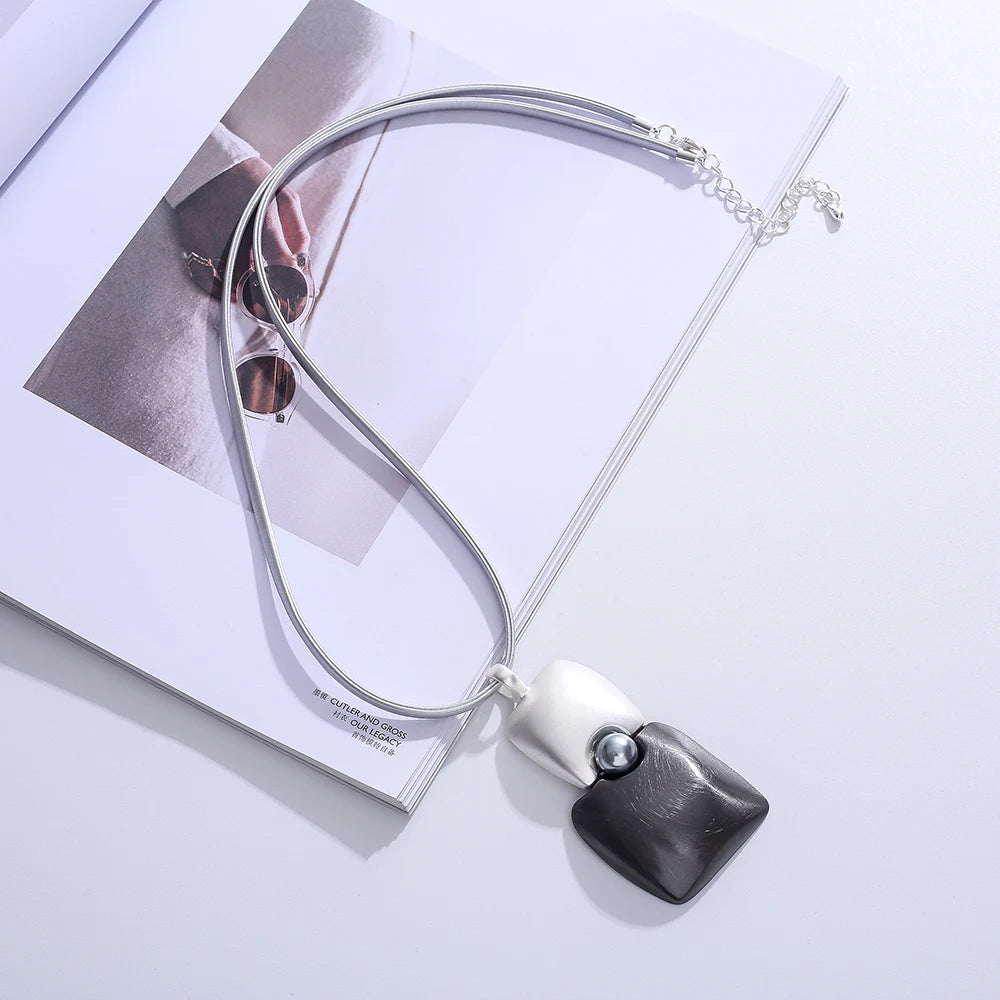TongLing Necklace Rope Strand Two Tone Silver Black Irregular square Shape Pendant Necklace for Women Girl