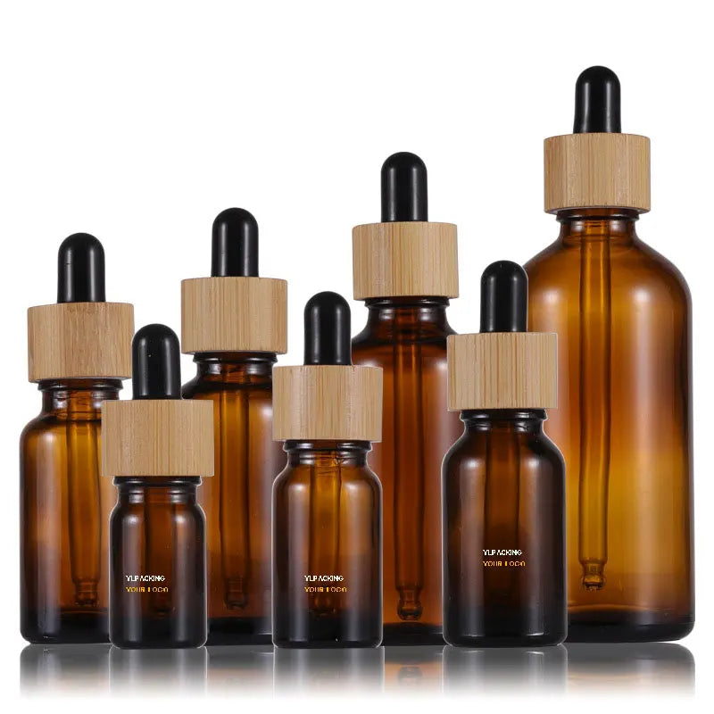 In Stock 5ml-100ml Amber Glass Dropper Bottles with Bamboo Tops for Essential Oils & Face Cream Pipettes Included