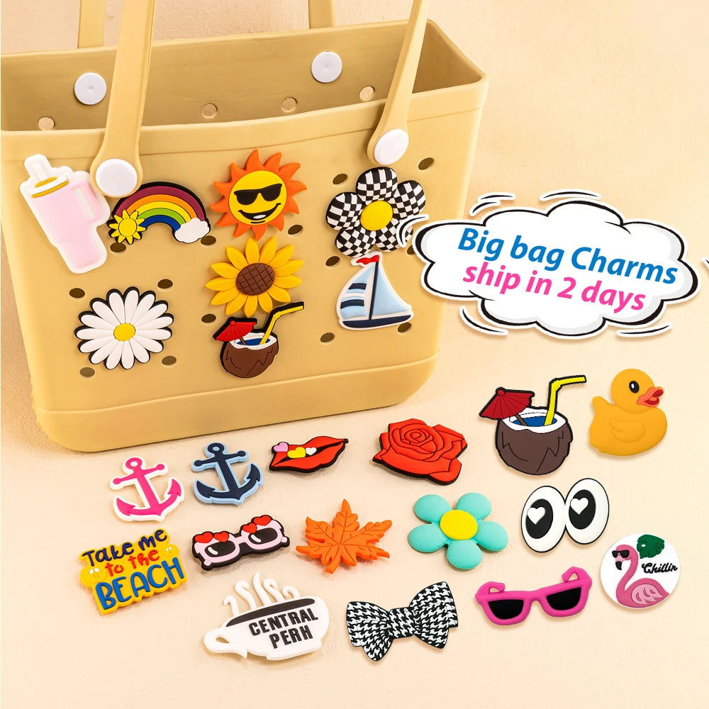 Charms for DIY Beach Bags Large PVC Summer Sun Rainbow Fruit Lemon Flower Bag Charm with Bow Wholesale Accessories