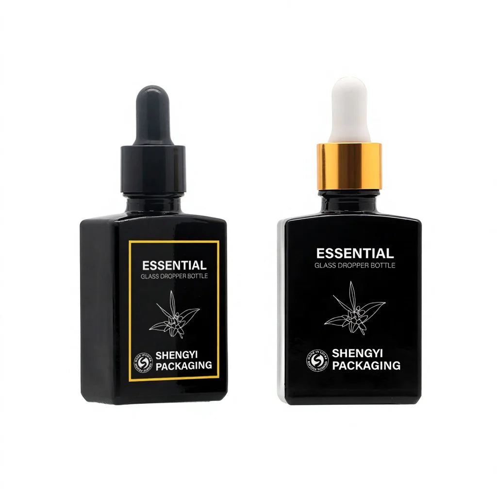 30ml 1oz Clear Matte Black Rectangular Screen Printed Glass Dropper Bottle for Essential Beard Oil with Gold Bamboo Dropper