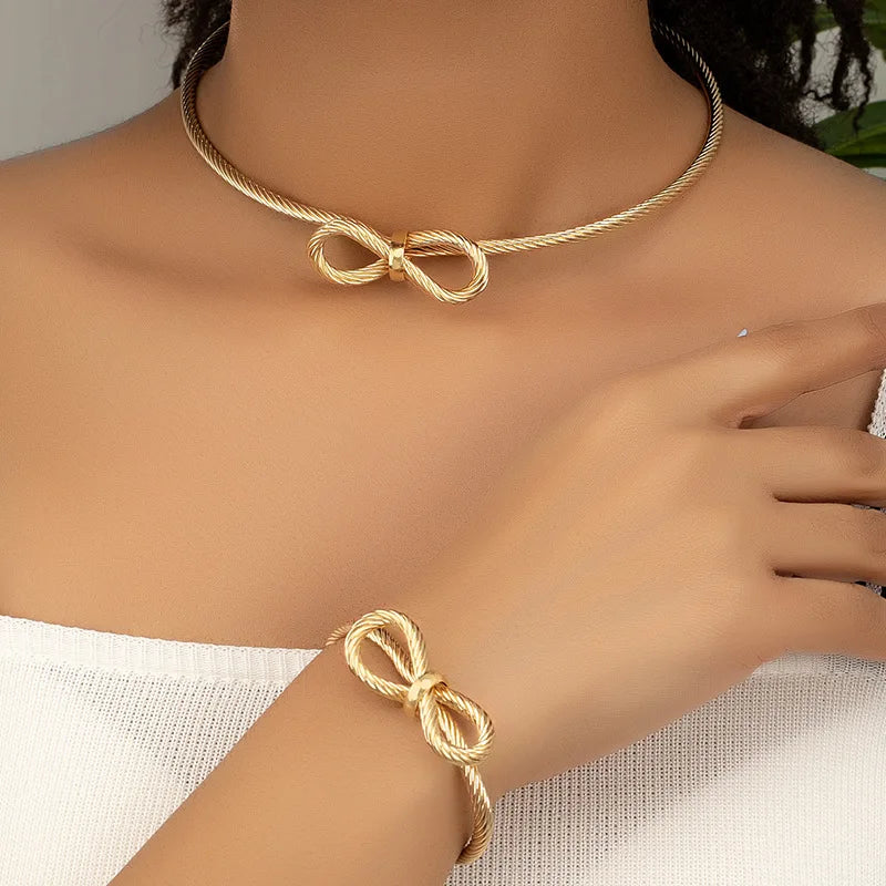SC Special Infinity Gold Plated Jewelry Set Euramerican Retro Metal Winding Wire Bow Cuff Bracelet Bow Tie Choker Necklace Women