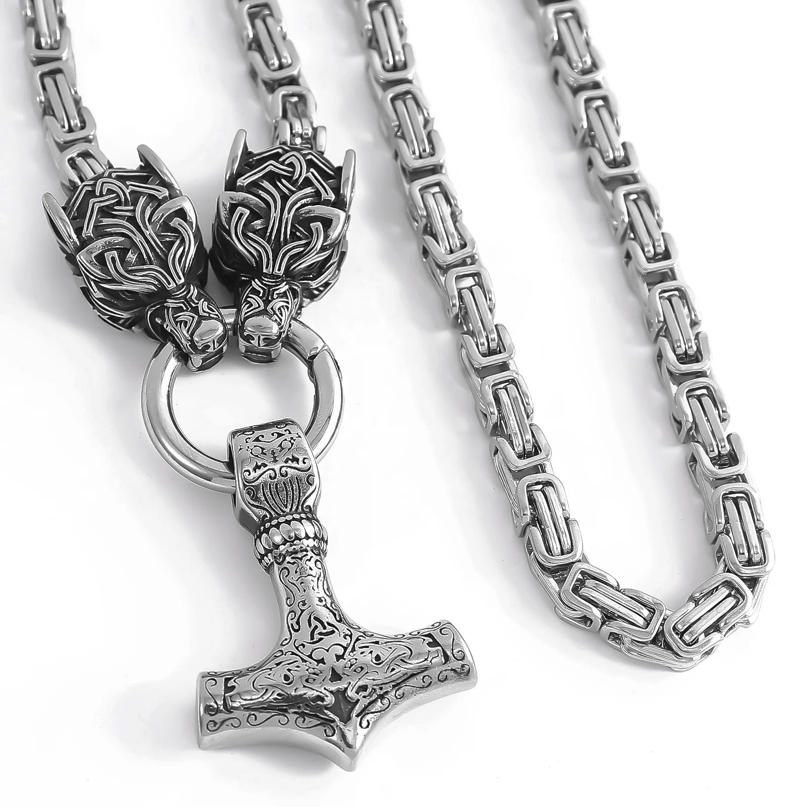 Viking Jewelry Stainless Steel Mens Jewelry King Chain Necklace Wolf Hold Thor Mjolnir Hammer Necklace Jewelry Wholesale