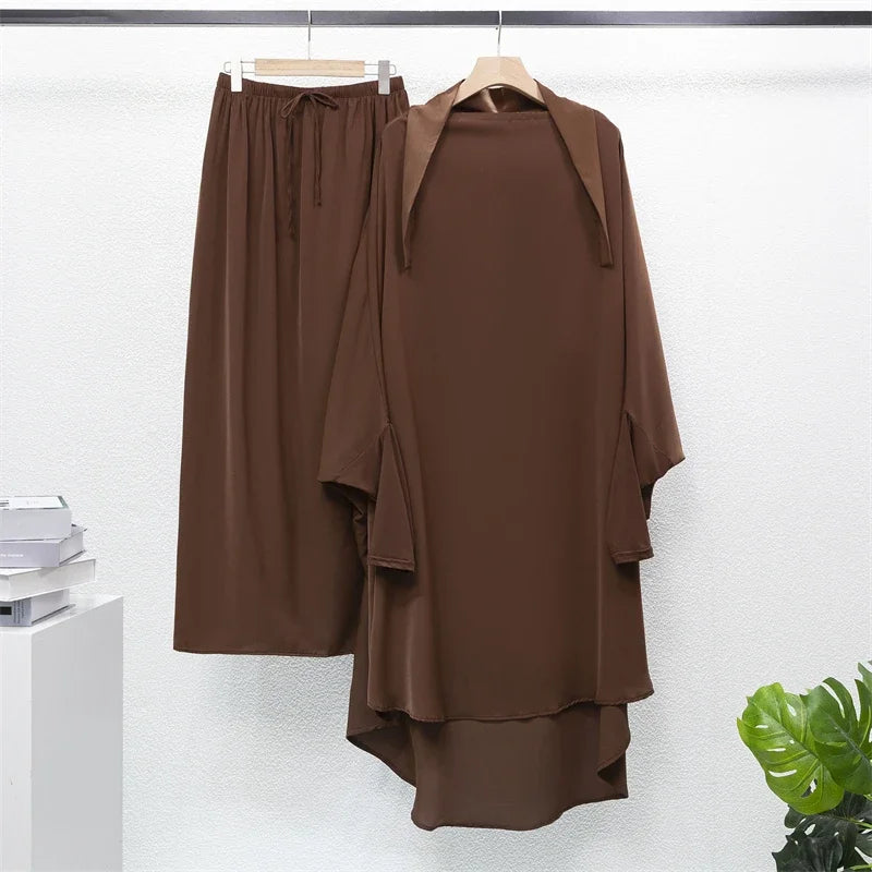 Women Jilbabs Abaya Dubai Robe Caftan 2pics Ethnic Hijab Dress+Maxi Skirts Kaftan Muslim Sets Ramadan Prayer Modest Sets Abayas