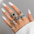 7pcs/set European And American Vintage Retro Owl Frog Open Ring Set Hollow Flower Knuckle Joint Ring Set