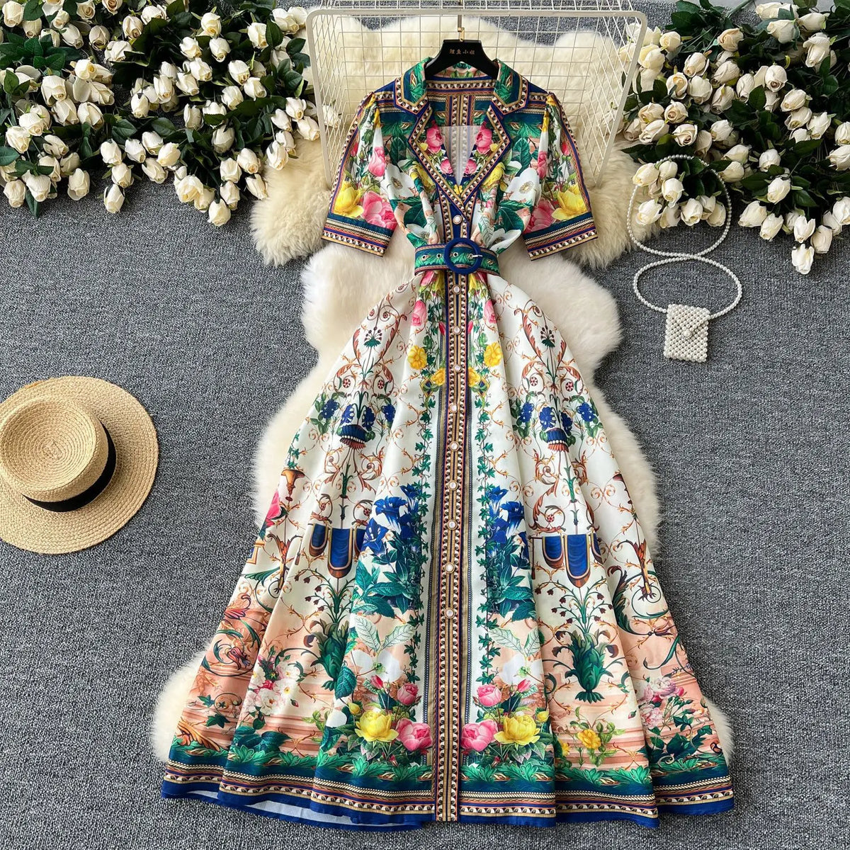 New Elegant Floral Pattern Summer Dress Midi Length Breathable Single-Breasted Waist Swing Print Digital Breasted Collar Summer MegaBDM