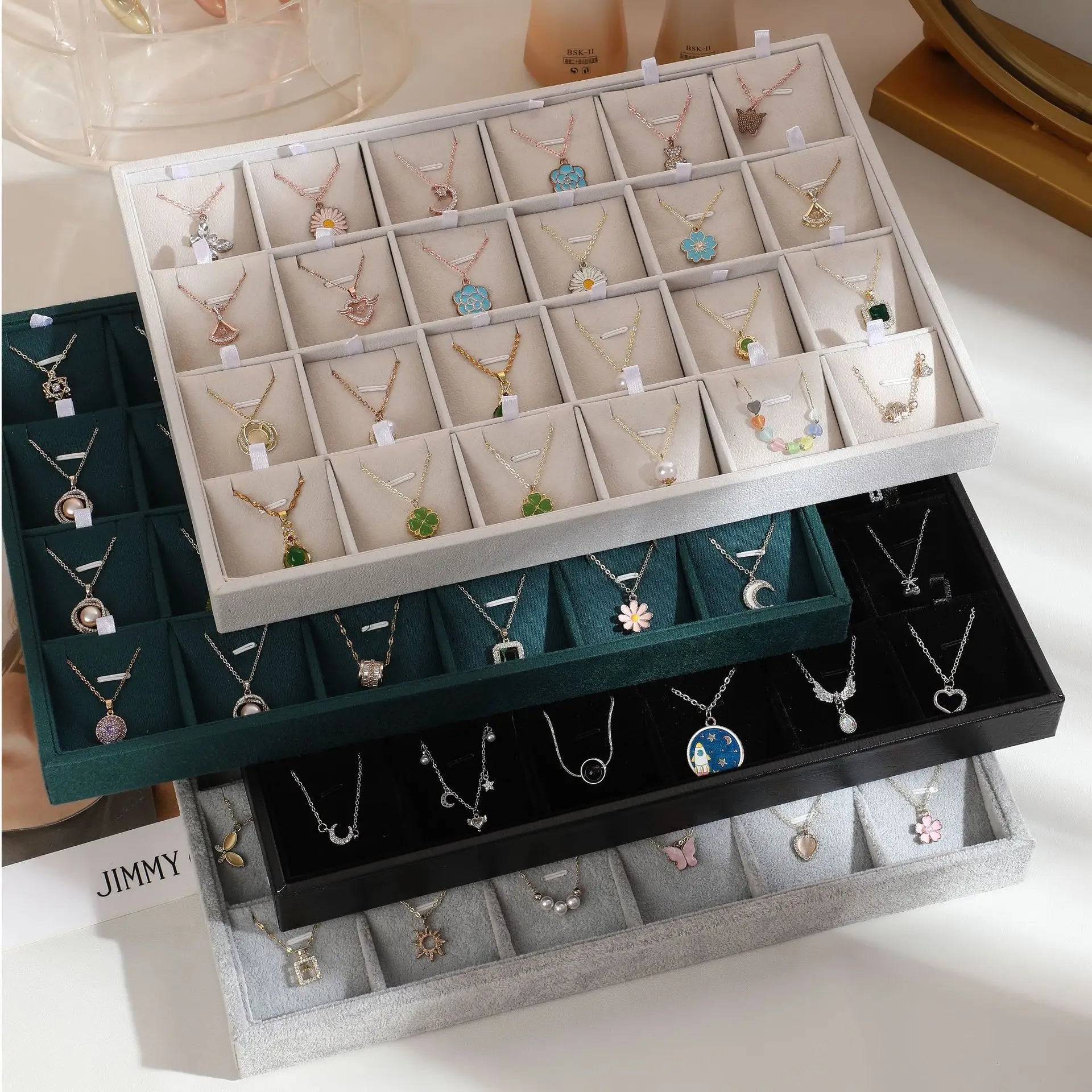 Large Capacity Velvet 24 Grids Necklace Pendant Jewelry Display Tray Bracelet Display Tray Jewelry Counter Storage Tray