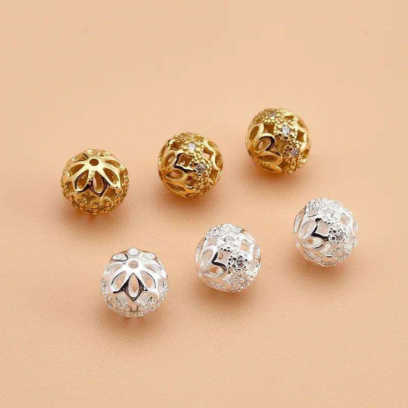 Gold Plating 925 Sterling Silver CZ Zircon Hollow Round Charm Beads for Jewelry Making Accessories Wholesale