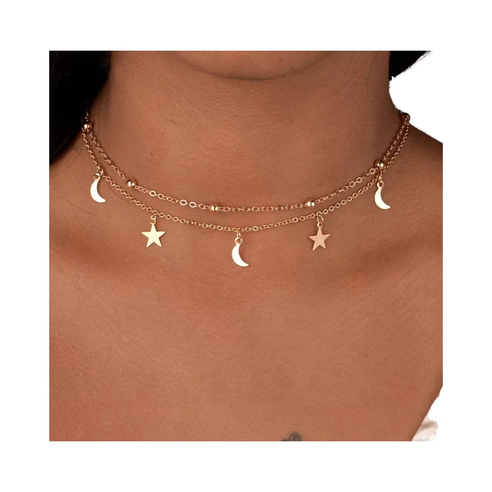 HOVANCI 11 Beaded round Moon and Star Necklace Stand Geometric Platinum Stainless Steel for Wedding or Gift
