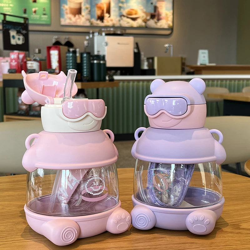 Hot Sale Wholesale 800ml Cute Children Student Water Bottle Plastic Bear Water Bottle with Straw for Kids