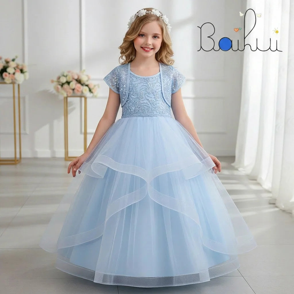 European Style Flower Girl Wedding Dress Fluffy Children Party Dress Layered Design Elegant Kid Prom Dresses for 10Y