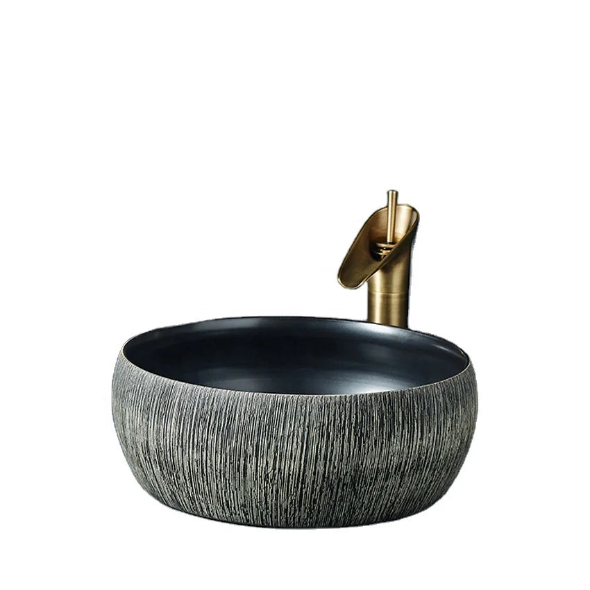 Luxury Modern Color Glazed and Hand-Curved Ceramic Art Countertop Sink Black Basin for Home and Garden