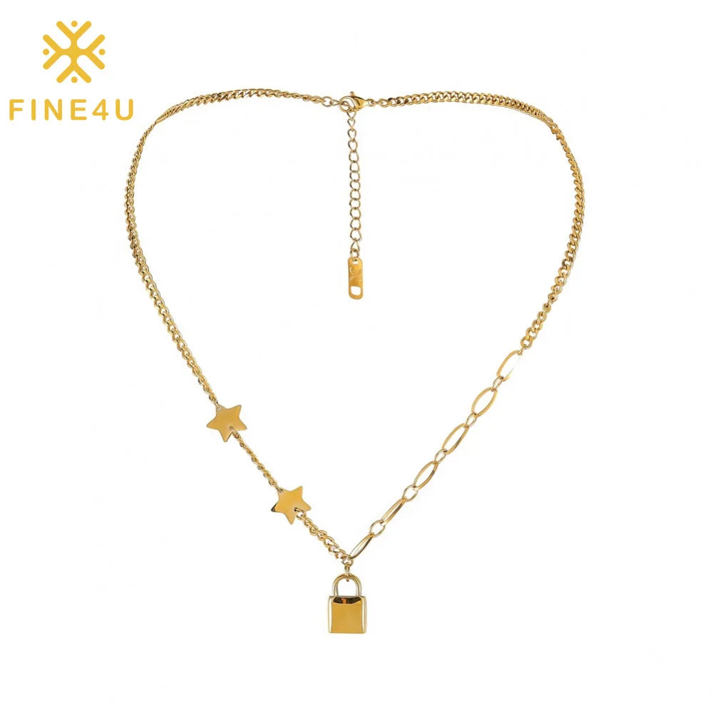 Non Tarnish Fashion Jewelry Stainless Steel Gold Plated Splicing Chain Small Star Lock Necklace for Women