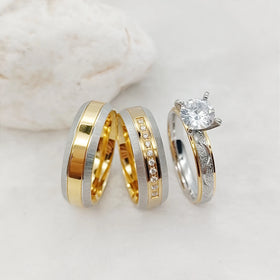 His Hers 3pcs Wedding Engagement Ring Set 18K Gold Plated Stainless Steel Classic Style Zircon Stone Perfect Promise Couple Gift
