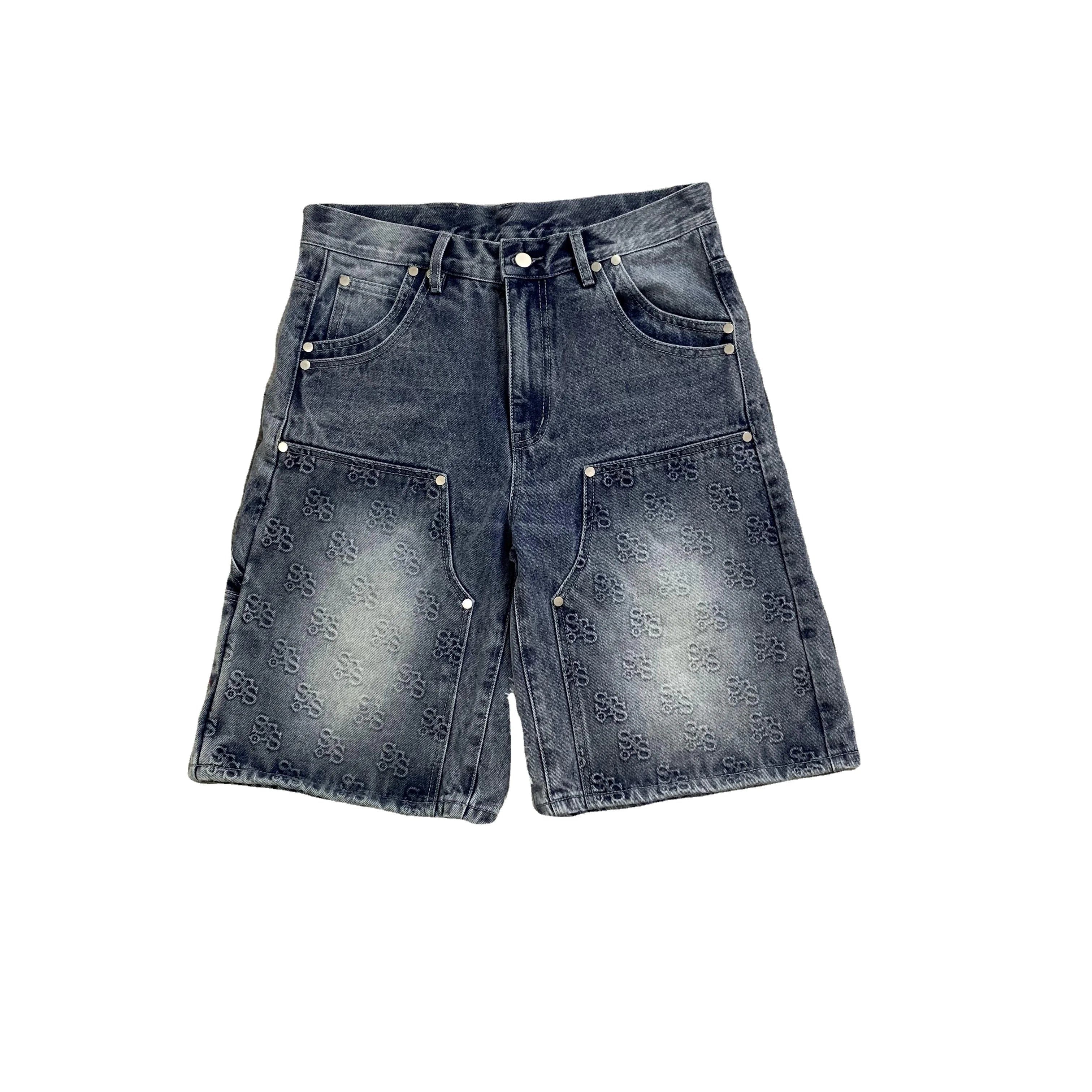 DENIMGUYS Manufacturers for Customs Clothes Summer Y2K Denim Washed Work Half Pants Baggy Embossed Denim Shorts Men's Jorts