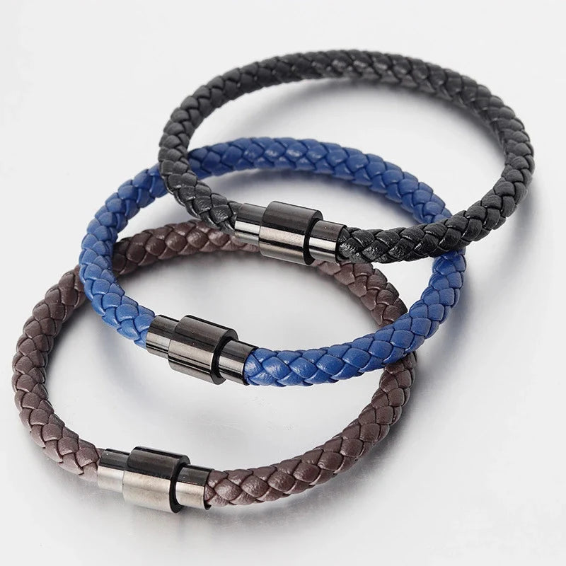 Natural Crystal Gemstone Charm Bracelet Braided Bangle Bracelets Men Genuine Leather Bracelet Stainless Steel Clasp OT-006