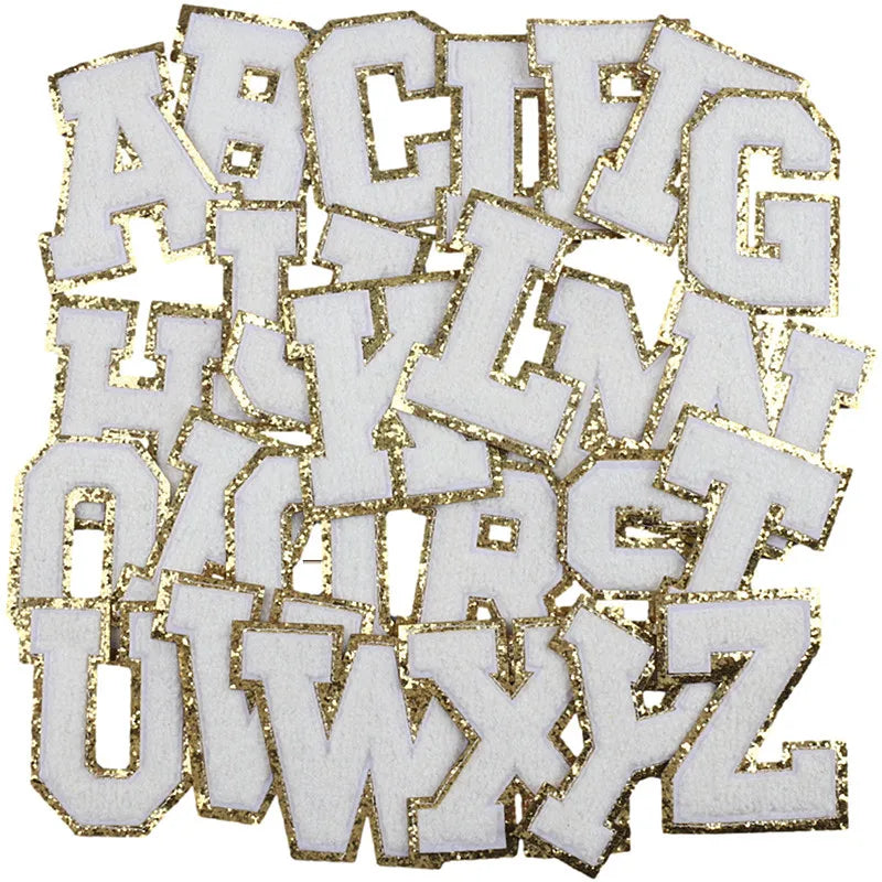 Large White Glitter Iron-On Adhesive Chenille Letter Patches Fabric with Sequins for Hat Decoration Featuring Greek Letters
