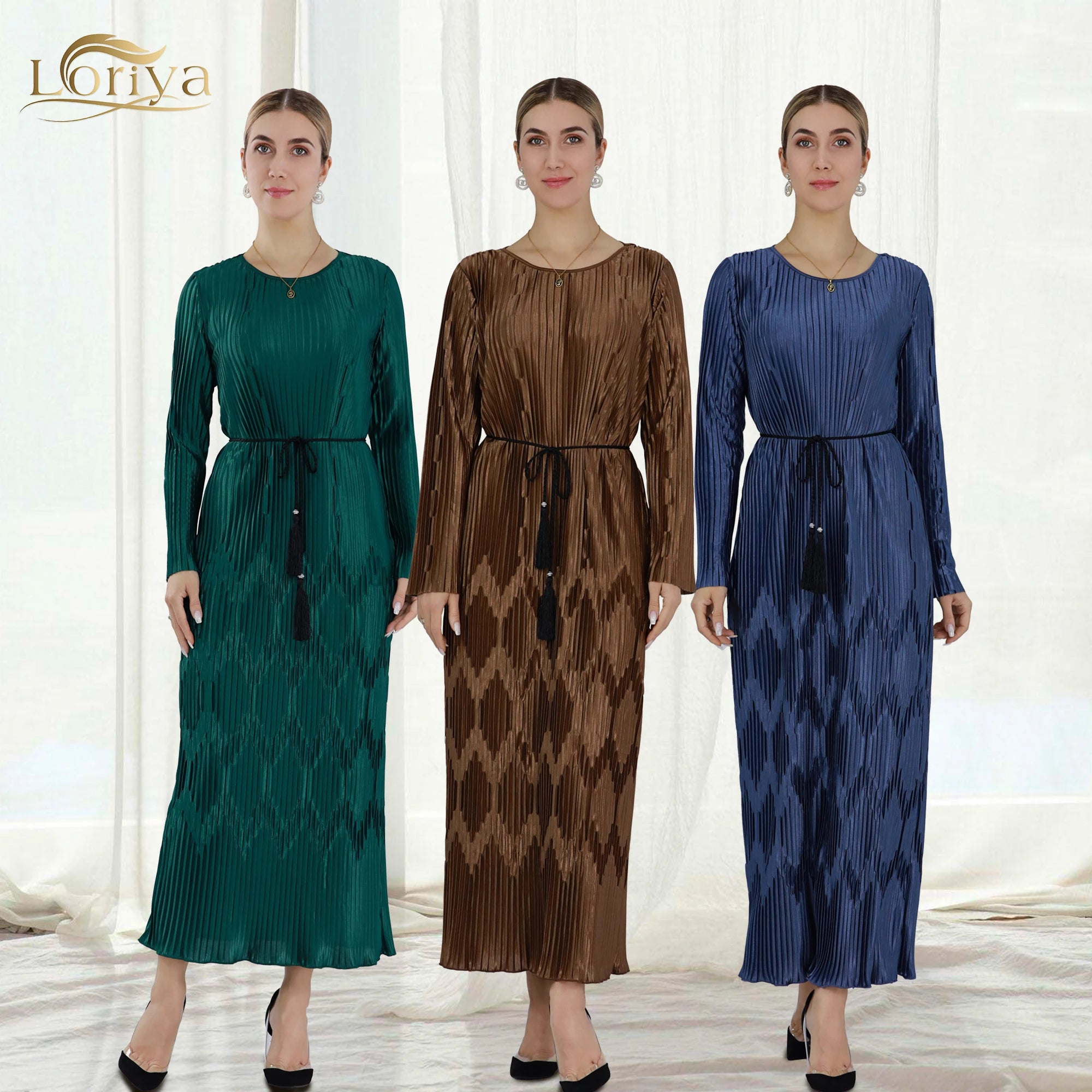 Loriya Latest Elegant Islamic Clothing Modest Abaya Dresses Pleated Dress With Pattern for Muslim Women Abaya Dress